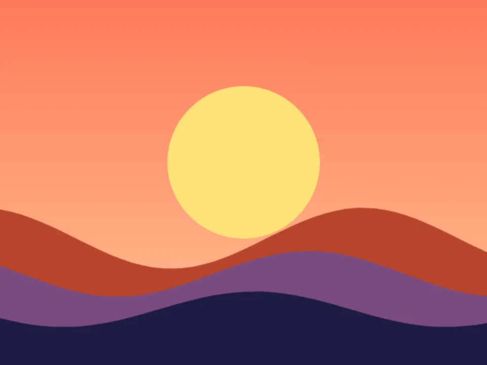 Abstract cover with a warm sun over layered hills